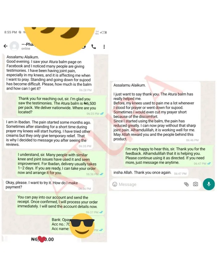 WhatsApp chat: a customer in Ibadan says he can now pray without knee pain