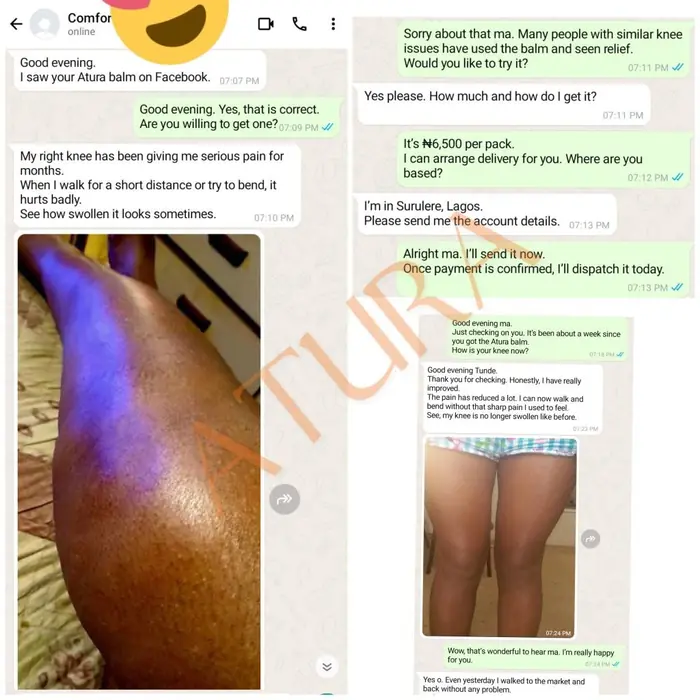 WhatsApp chat: a customer in Lagos shows her knee before and after using the balm